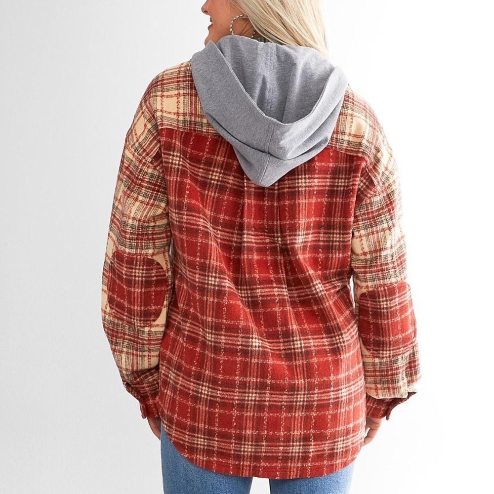 Gilded Intent Red and Cream Mixed Flannel Hooded Shacket - Picture 6 of 7